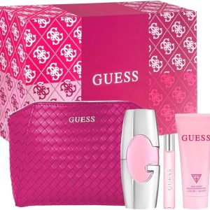 GUESS PINK GIFT SET - TRAVEL POUCH, EDP PERFUME, BODY LOTION & MINI TRAVEL BOTTLE FOR WOMEN