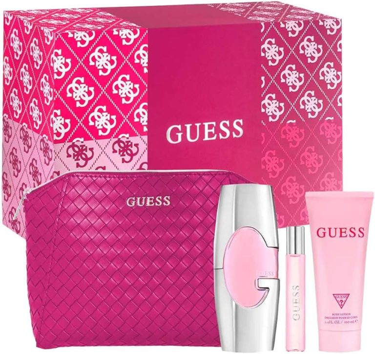 GUESS PINK 4 PIECE GIFT SET - TRAVEL POUCH, EDP PERFUME, BODY LOTION & MINI TRAVEL BOTTLE FOR WOMEN Wahid Solution offer free sameday delivery order now